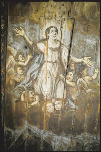 Chapelle, choeur, voûte ; peinture monumentale : 'L'Assomption de la Vierge', angelots, bois peint ; 1705 (détail)