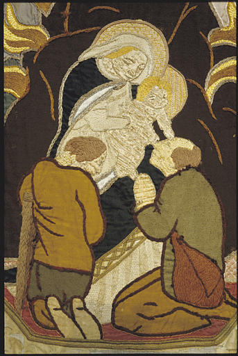 Bannière de procession : Vierge à l'Enfant, guérison d'un aveugle ; 1924 (détail)