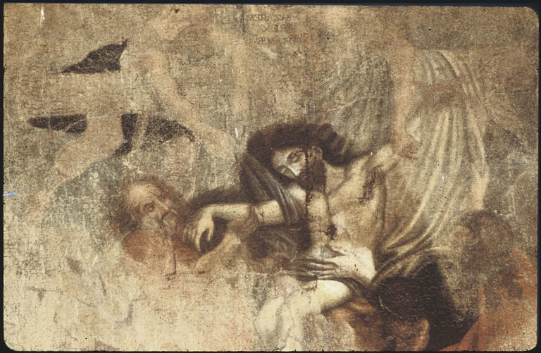 Choeur ; retable, tableau (partie supérieure) : 'La descente de croix', Christ ; avant nettoyage (détail)
