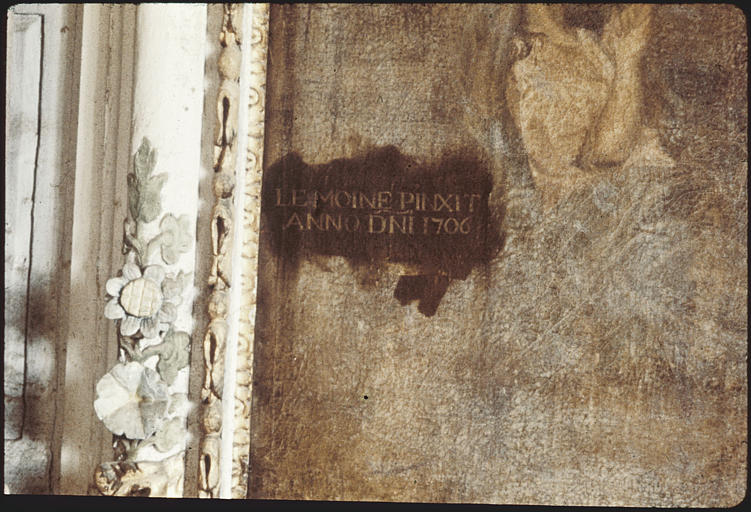 Choeur ; retable, tableau : 'La descente de croix', détail signature ; après nettoyage sommaire (détail)