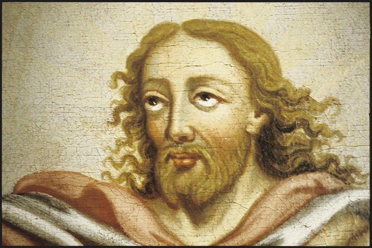 Transept nord, retable  tableau : 'L'Ascension', détail visage du Christ  1732  en cours de restauration (détail)