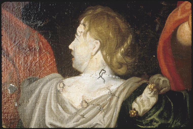 Choeur, retable, tableau : 'Scène de la vie de sainte Eugénie', femme accusant Eugénie, au 1er plan, vue de dos (détail)