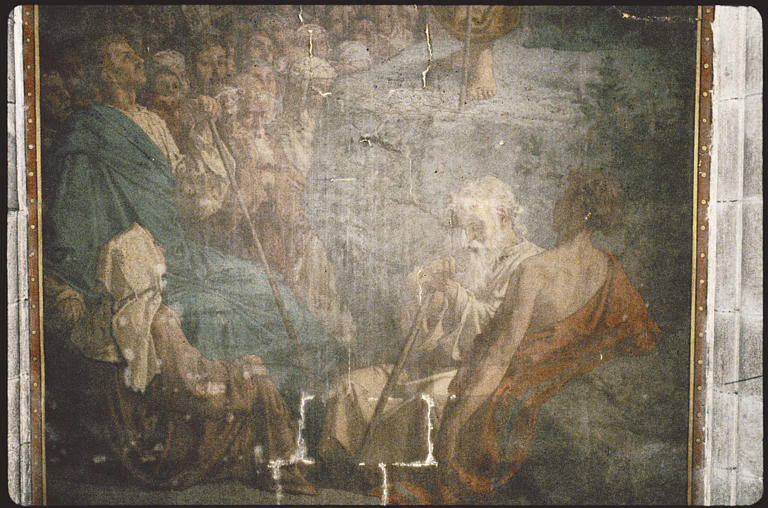 3e chapelle latérale sud ; tableau (moitié inférieure) : 'Jésus prêchant', détail foule ; avant restauration (détail)