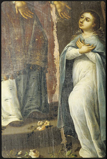 Tableau : 'La présentation de la Vierge au Temple' , détail du manteau du prêtre, la Vierge enfant (détail)