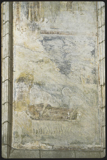 Nef, chapelle nord ; peinture monumentale (registre inférieur, à droite) : Vie de saint Etienne, mise au tombeau (détail)