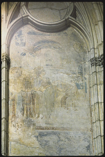 Nef, chapelle nord ; peinture monumentale (registre supérieur, droite) : Vie de saint Etienne, foule, éléments d'architecture (détail)