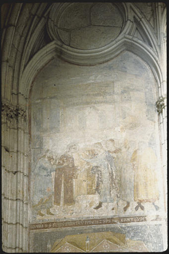 Nef, chapelle nord ; peinture monumentale (registre supérieur, gauche) : Vie de saint Etienne, foule, éléments d'architecture (détail)