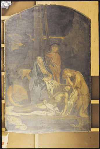 Tableau : 'La déploration', la Vierge, Marie-Madeleine, saint Jean, homme en pleurs ; avant restauration