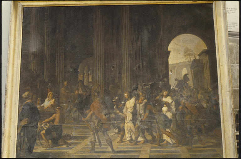 Tableau : 'Deux martyrs conduits au supplice', foule, architecture antique