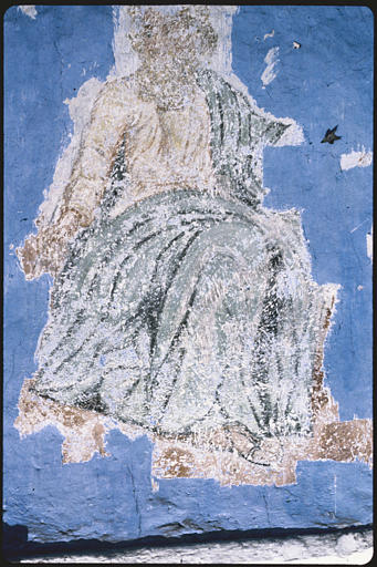 Choeur, abside, voûte ; peinture monumentale : 'Dieu le Père (?) entouré des quatre évangélistes', saint Marc, personnage assis, drapé ; en cours de dégagement (détail)