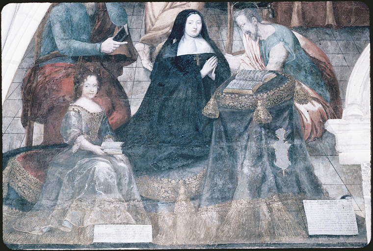 Salle capitulaire ; peinture monumentale (à gauche): 'La mort de la Vierge', religieuse en prière, fillette assise tenant un livre ouvert ; après restauration (détail)