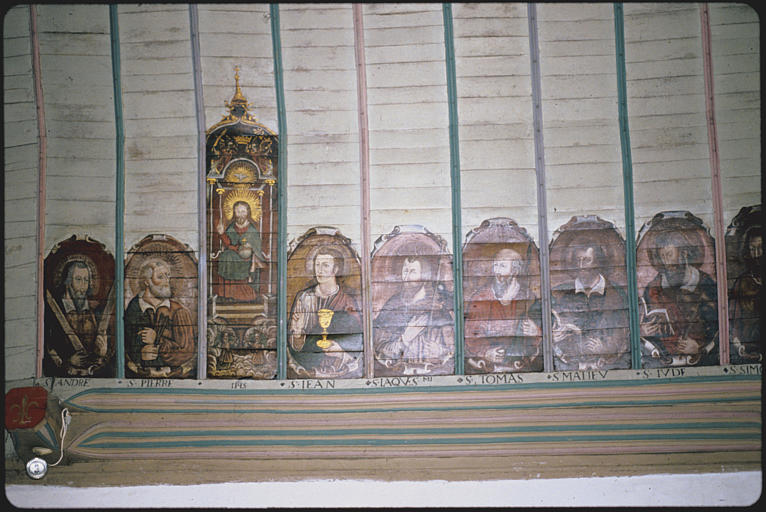 Choeur, voûte (bois), côté nord ; peinture monumentale : 'Le Paradis', saint André, saint Pierre, Christ en Majesté, saint Jean, saint Jacques, saint Thomas, saint Matthieu, saint Jude (détail)