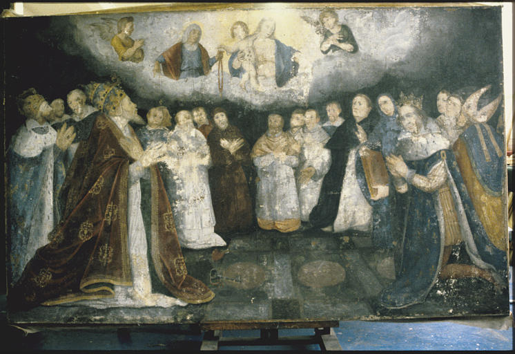 Tableau : 'Commémoration de la fondation d'une confrérie du rosaire en 1616', membres de la confrérie, Vierge du Rosaire ; 1620 ; avant restauration