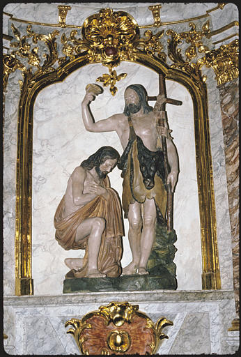 Retable, statue : de Saint-Jean-Baptiste, 'Le Baptême du Christ' ; 1743 ; après restauration (détail)