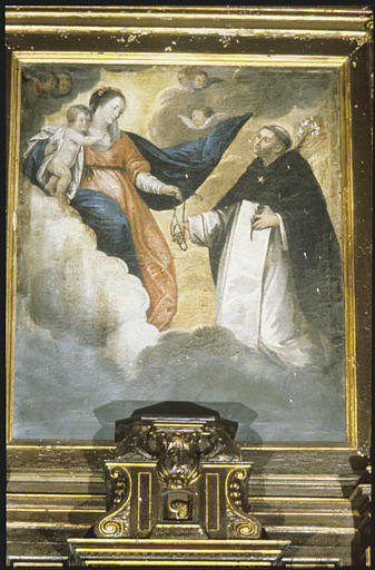 Autel secondaire sud ; tableau : 'Le rosaire offert par la Vierge à saint Dominique' ou 'L'institution du rosaire', Vierge à l'Enfant, saint Dominique, nuées, chérubins