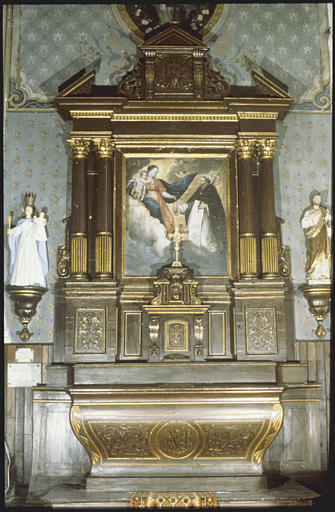 Autel secondaire sud ; retable, tableau : 'Le rosaire offert par la Vierge à saint Dominique' ou 'L'institution du rosaire' (vue d'ensemble)