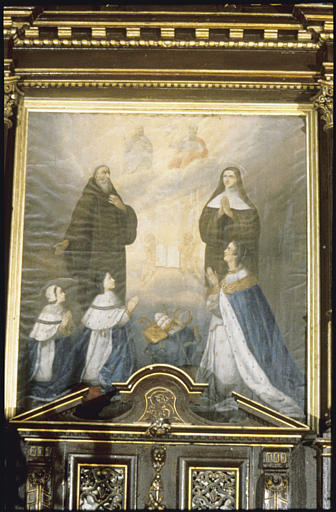 Autel secondaire nord ; tableau : 'Anne d'Autriche et ses enfants, Louis XIV et le duc d'Anjou, priant saint Benoît et sainte Scholastique'