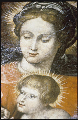 Tableau : 'Le mariage mystique de sainte Catherine', détail visages Vierge et Enfant Jésus