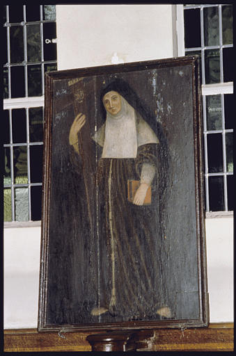 Tableau : 'Marguerite de Lorraine', debout, tenant un livre et s'appuyant sur une croix grandeur nature, panneau peint - © Ministère de la Culture (France), Médiathèque du patrimoine et de la photographie, diffusion RMN-GP