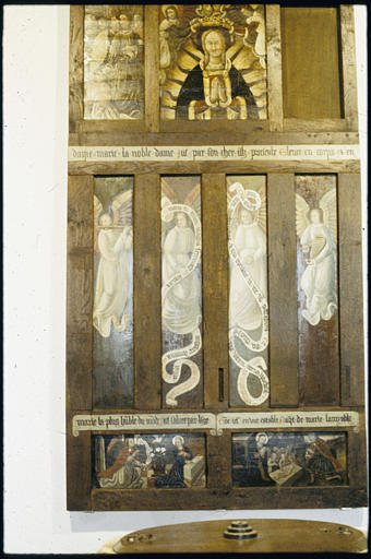 Retable : fragments, Couronnement de la Vierge, Annonciation, Nativité, le baiser de Judas, anges musiciens, anges tenant des phylactères