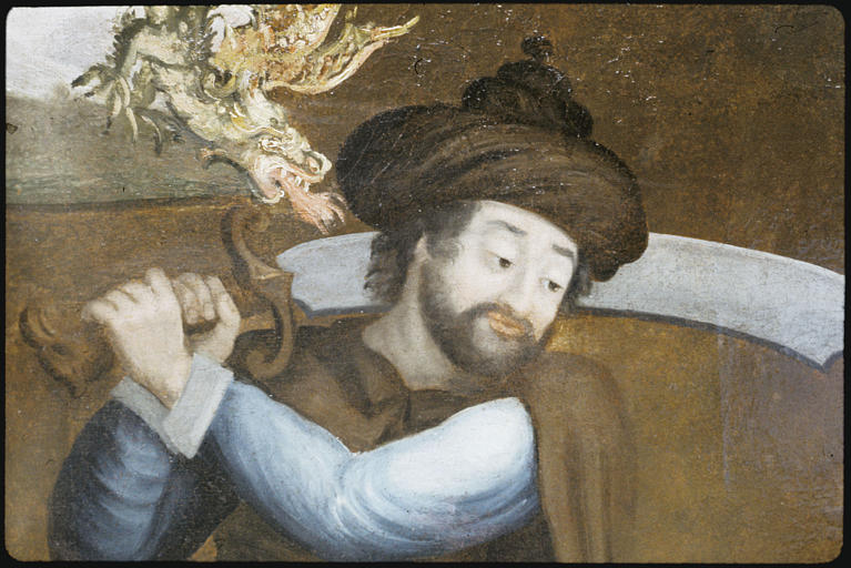 Tableau : 'Le supplice de sainte Barbe', détail visage Dioscore, père de sainte Barbe, turban, cimeterre; après restauration (détail)