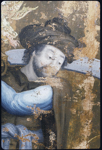 Tableau : 'Le supplice de sainte Barbe', détail visage Dioscore, père de sainte Barbe, turban, cimeterre ; avant restauration (détail)