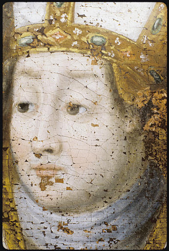 Tableau : 'Le supplice de sainte Barbe', détail visage évêque ; avant restauration (détail)