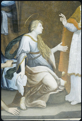 Tableau : 'Le supplice de sainte Barbe', la sainte, à genoux ; après restauration (détail)