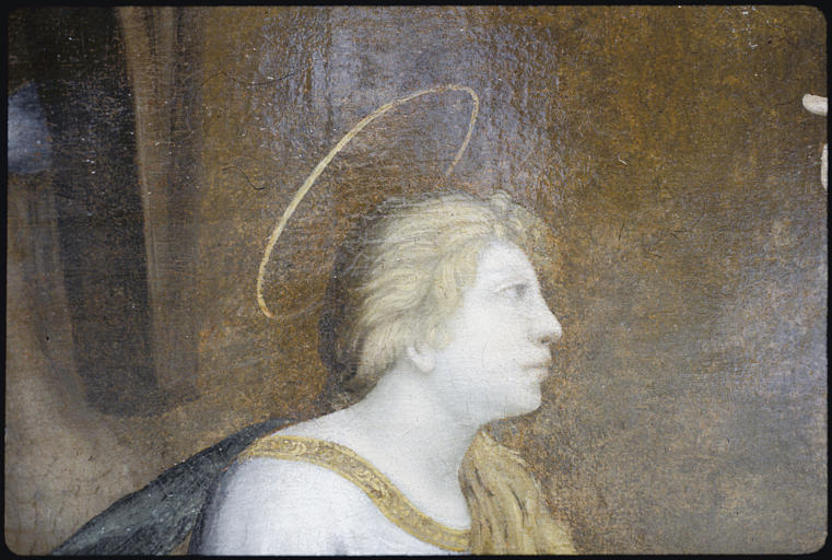 Tableau : 'Le supplice de sainte Barbe', détail visage de la sainte ; après restauration (détail)