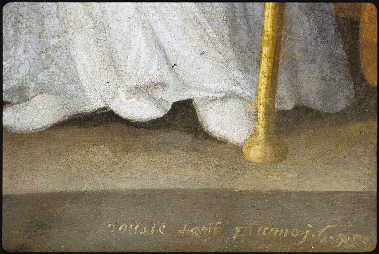 Tableau : 'Le supplice de sainte Barbe', détail inscription (en bas, droite) ; après restauration (détail)