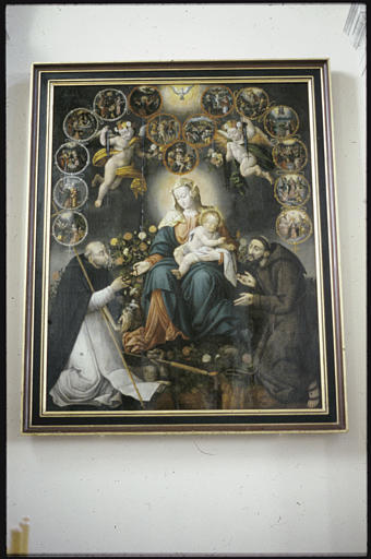 Tableau : 'La Vierge et l'Enfant remettant le rosaire à saint Dominique et saint François d'Assise', anges, fleurs, scènes de la Passion, panneau peint ; après restauration