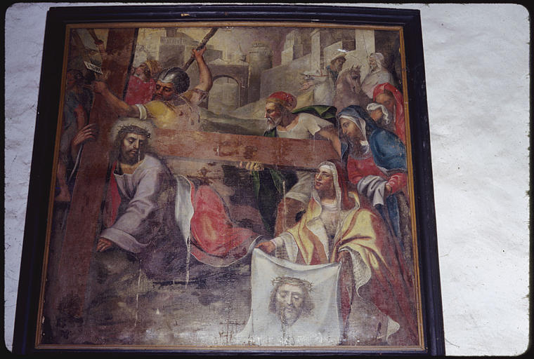 Tableau : 'La montée au calvaire', Christ portant la croix, sainte Véronique tenant le linge marqué par le visage du Christ, la Vierge, Simon de Cyrène