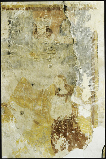 Nef, mur sud ; peinture monumentale : fragment, 'Saint Georges terrassant le dragon', jeune femme à genoux, mains jointes, spectateurs.