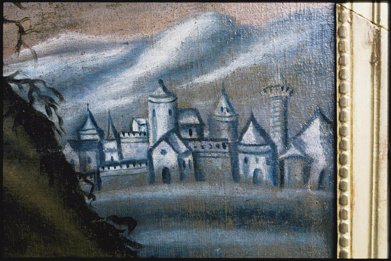Tableau : 'Vierge de Pitié', détail des maisons à l'arrière plan, à droite (détail)
