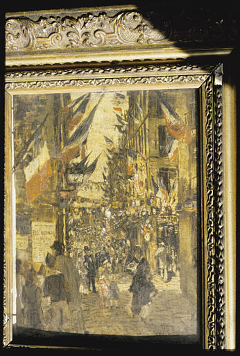 Tableau : 'Fête nationale dans une rue pavoisée', huile sur bois ; 1878