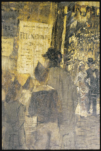 Tableau : 'Fête nationale dans une rue pavoisée', détail des personnages près de l'affiche, au premier plan à gauche, huile sur bois ; 1878