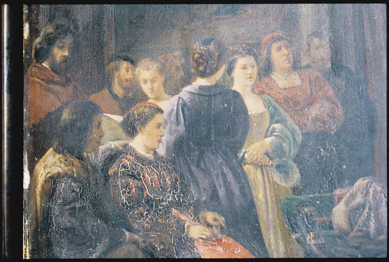 Tableau : 'Peintre de la Renaissance présentant un tableau pour Adolphe-René Lefèvre', détail du groupe de personnages à gauche de la composition, huile sur bois ; 1860