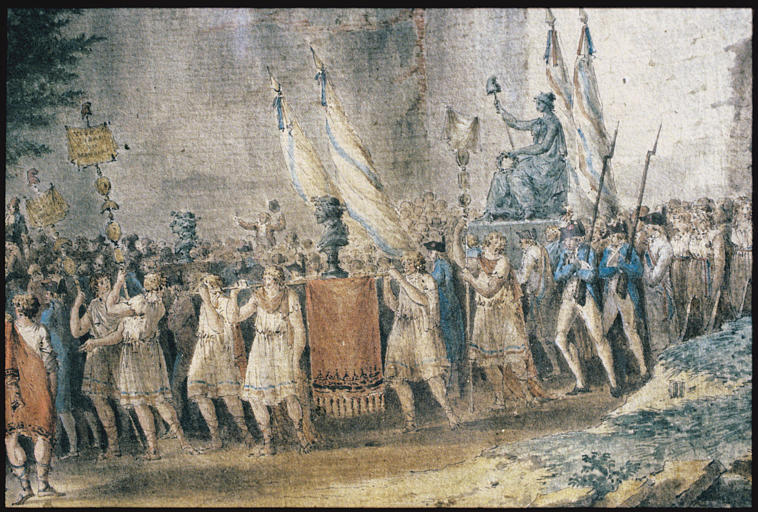 Dessin : 'Fête républicaine. Les statues de la Liberté et de la Vérité et les bustes de Marat et de Le Pelletier sont promenés en grande pompe sur les ruines de la Bastille (1797)', détail du cortège, gouache sur papier ; 1797 (détail)