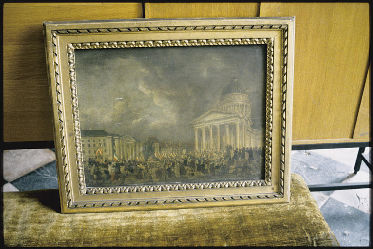 Tableau : 'Arrivée d'un cortège devant le Panthéon lors d'une fête révolutionnaire', huile sur bois (détail)