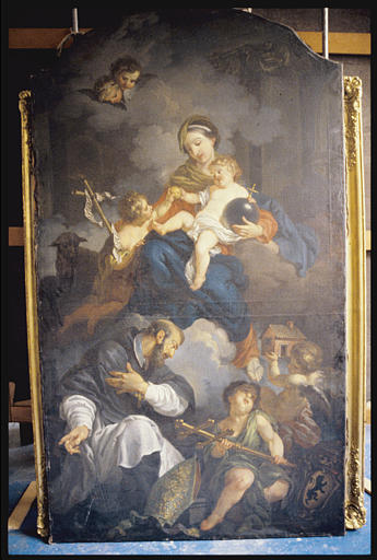 Tableau : 'Vierge à l'Enfant et saint Jean-Baptiste avec, à leurs pieds, le grand doyen de Bouzey' ; avant restauration ; 1757