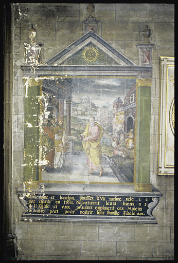 Peinture monumentale : 'Joachim faisant don de ses biens' (Vie de sainte Anne et saint Joachim), cadre en trompe l'oeil imitant un porche à fronton triangulaire ; 1603 ; en cours de restauration