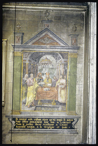 Peinture monumentale : 'Le prêtre refusant l'offrande de Joachim' (Vie de sainte Anne et saint Joachim) ; 1603 ; avant restauration (vue rapprochée)