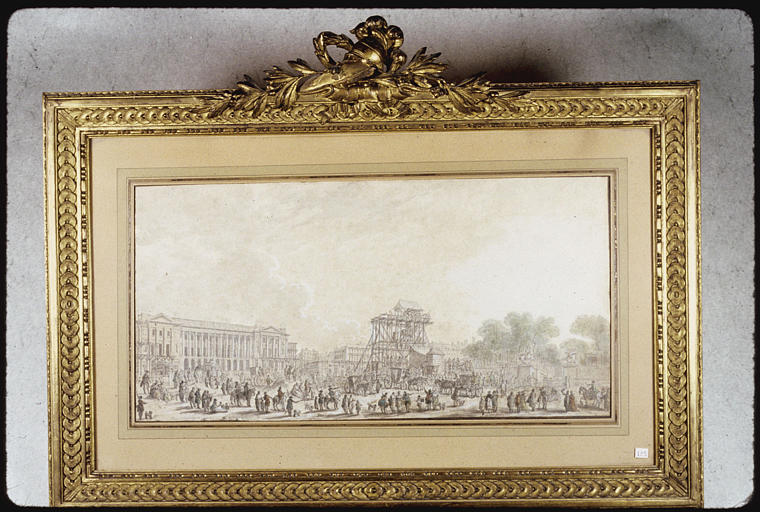 Dessin : 'Vue de la place Louis XV durant l'érection de la statue du roi', dessin aquarellé