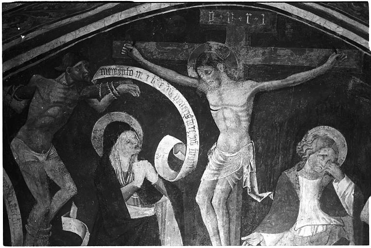 Peinture monumentale : 'La crucifixion', détail de la Vierge, du Christ, de saint Jean et du bon larron (détail)