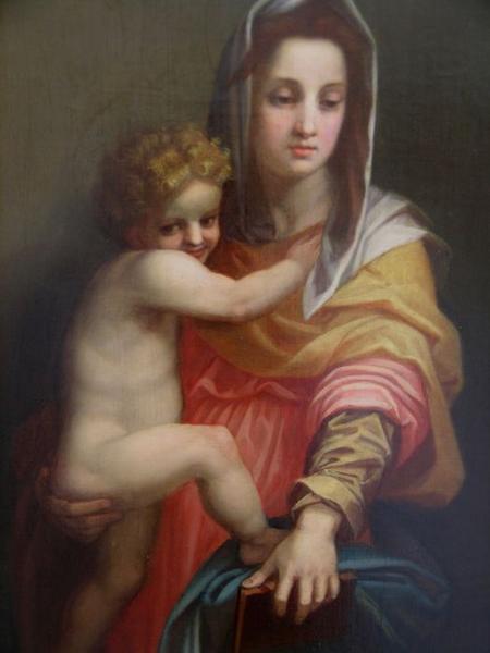 tableau : La Vierge à l'enfant entre Saint François et Saint Jean, vue partielle