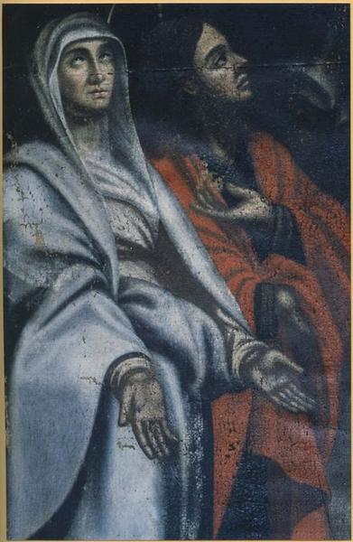 tableau d'autel : Le Christ en croix entouré de la Vierge, saint Jean, saint Julien et sainte Basilisse, vue partielle - © Ministère de la Culture (France), Médiathèque du patrimoine et de la photographie, tous droits réservés