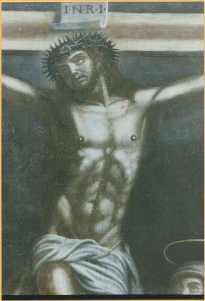 tableau d'autel : Le Christ en croix entouré de la Vierge, saint Jean, saint Julien et sainte Basilisse, vue partielle - © Ministère de la Culture (France), Médiathèque du patrimoine et de la photographie, tous droits réservés