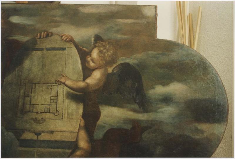 peinture monumentale, plafond : Madame de la Baume présentant un plan, vue partielle