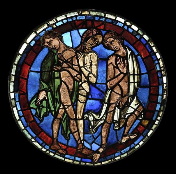 Verrière (rose) : le Jugement dernier, Christ juge (le), la Résurrection des morts, apôtres (les), élus et damnés (baie 143), détail