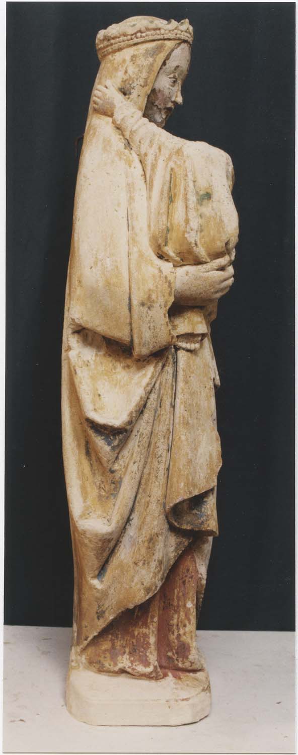 statue (statuette) : Vierge à l'enfant, profil droit, vue générale 